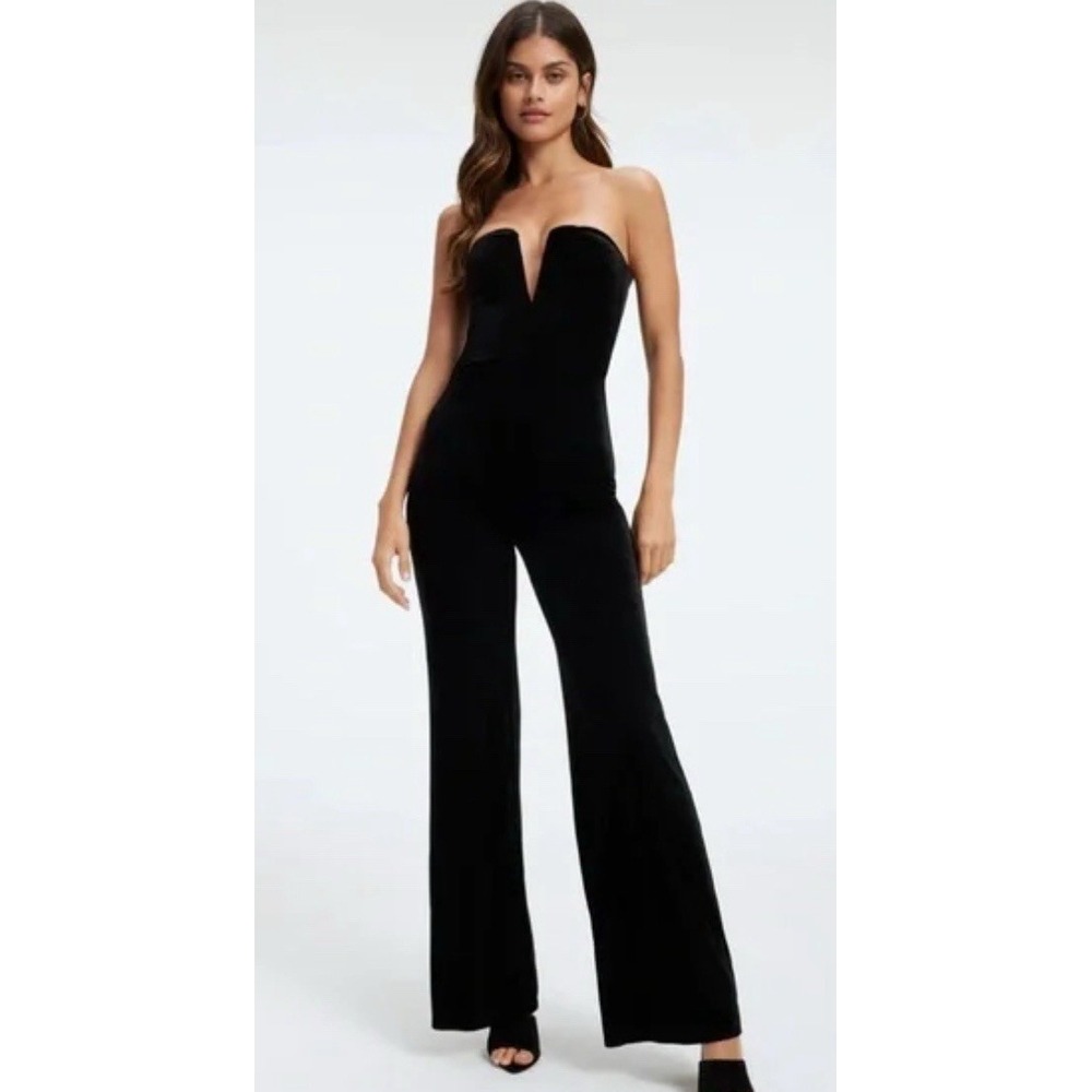 Good American Jumpsuit Size‎ 1 Small Black Strapless Velvet V Neck